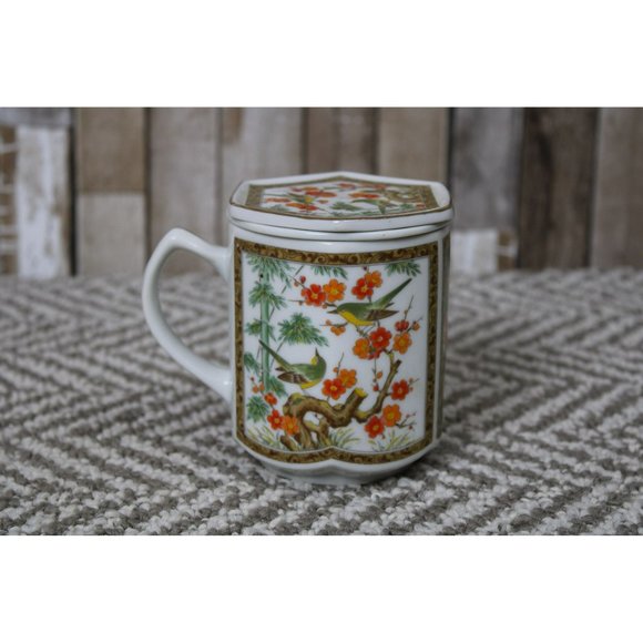 Japanese Teacup w/Strainer Floral & Bird Design - Picture 1 of 6